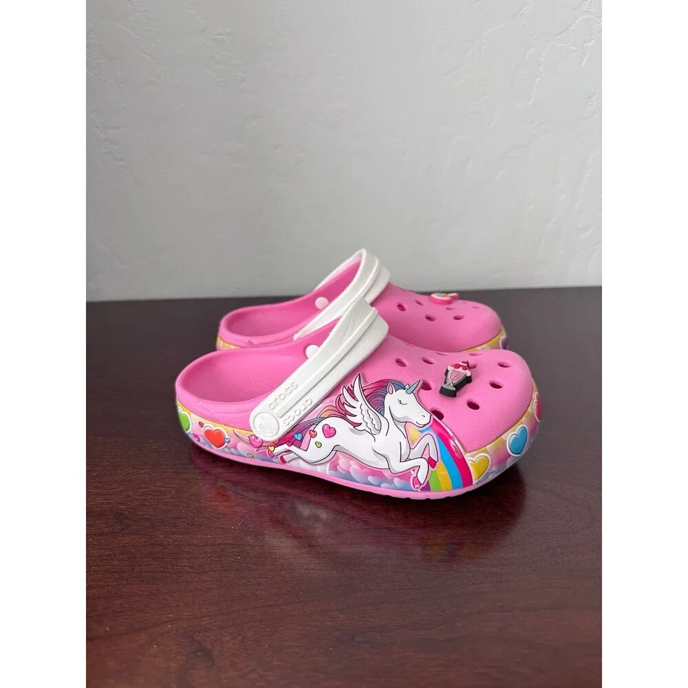 Crocs J1 Kids Pink Unicorn Rainbow Hearts Clogs Jibbitz Shoes Good Condition